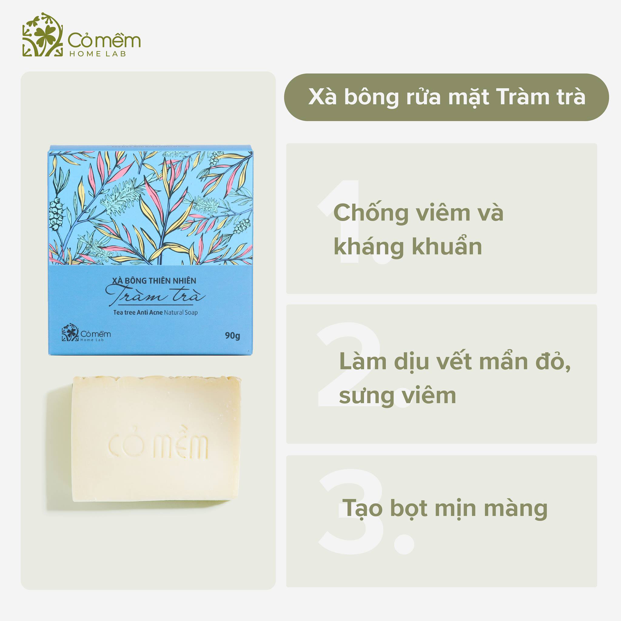 Xà Bông Rửa Mặt Cỏ Mềm Gấc nghệ/Tràm trà 90g