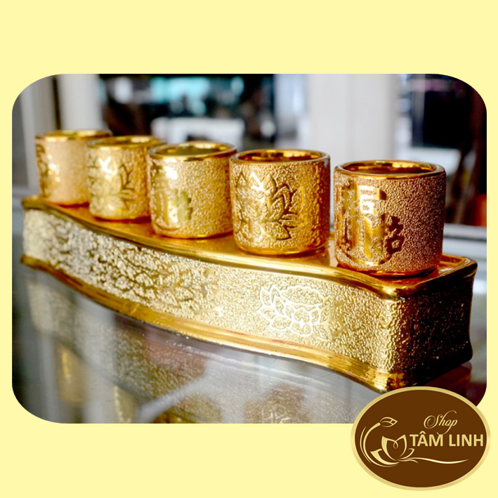 Chung Bộ 5 Ly Nước Thờ Cúng Kim Sa 8 cm