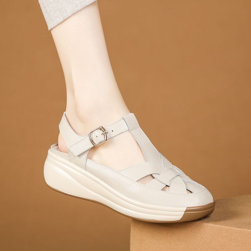 Hollow Out Genuine Leather Soft Thick Wedge Sandals for Women's 2023 New Summer Lightweight Roman Sandals