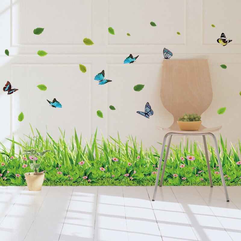 Decal dán tường, tranh dán tường, giấy dán tường, Decal trang trí chân tường Cỏ xanh hoa tím