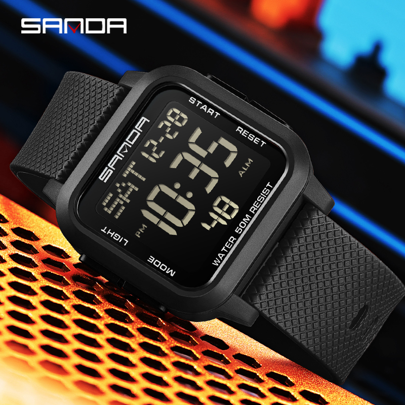 Sanda Square Solid Color Watch Retro Trendy Night Light Waterproof Electronic Men's Watch SD2194-6.