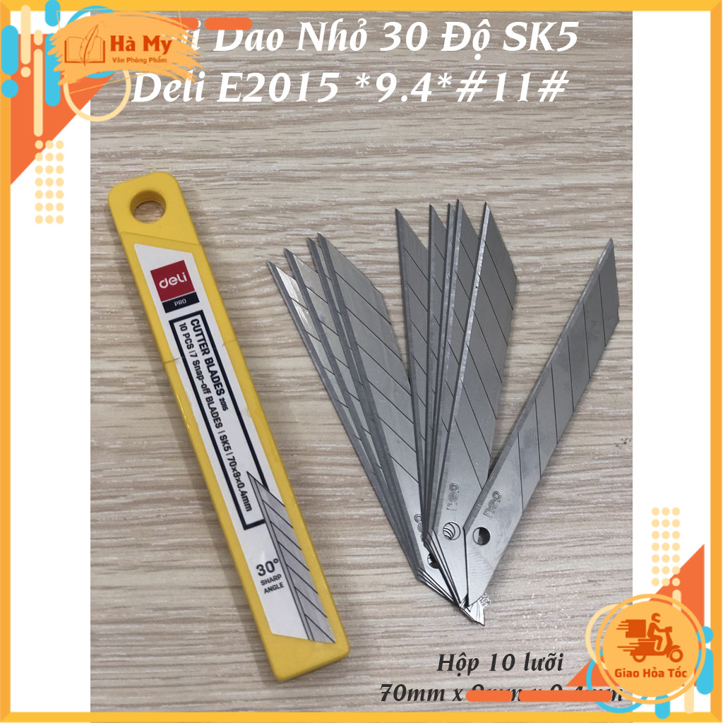 Hộp 10 Lưỡi Dao Rọc Giấy Nhỏ 30 độ SK5 Deli E2015