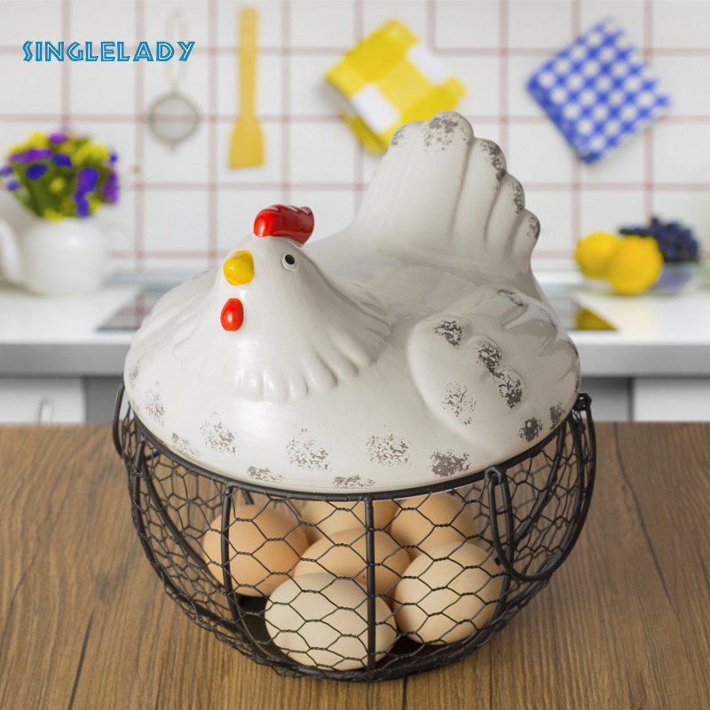 Ceramic egg basket Fruit basket Garlic potato sundries Blue ceramic kitchen decoration Creative hen storage iron woven basket