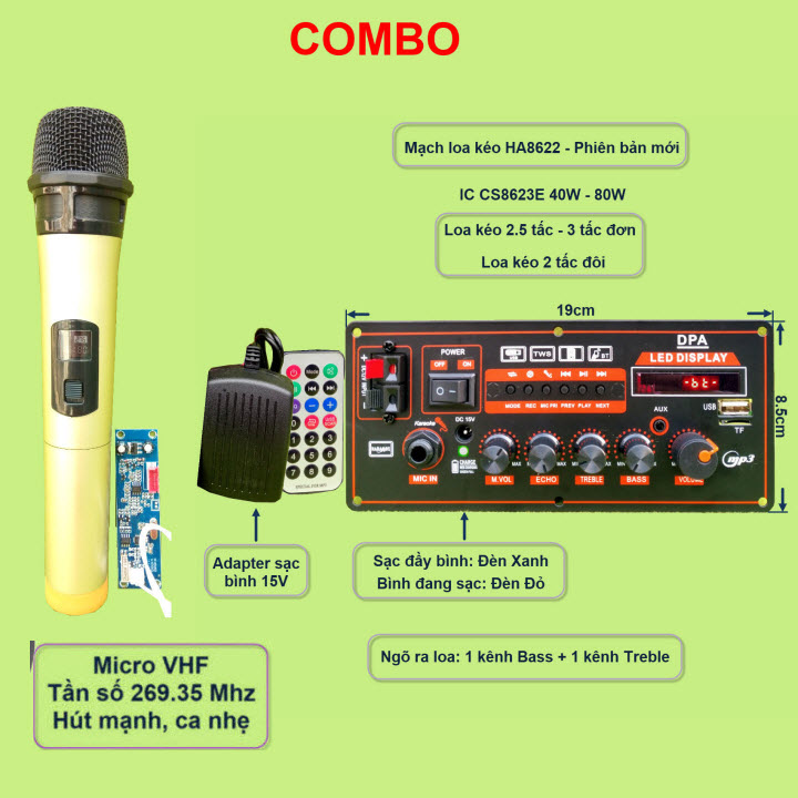 Mạch loa kéo HA8622 ngang kèm micro
