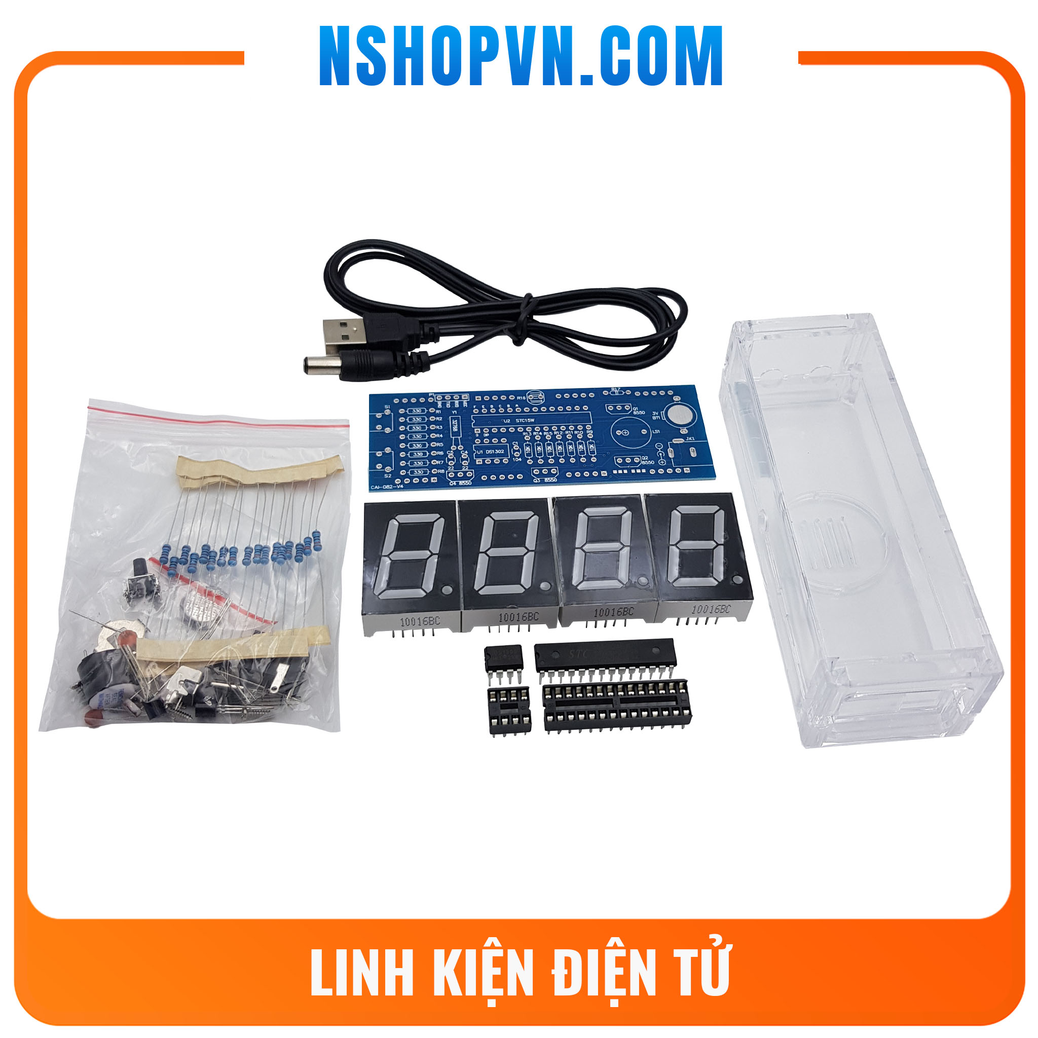 KIT TỰ RÁP Đồng hồ led 7 đoạn báo ngày giờ nhiệt độ + vỏ mica