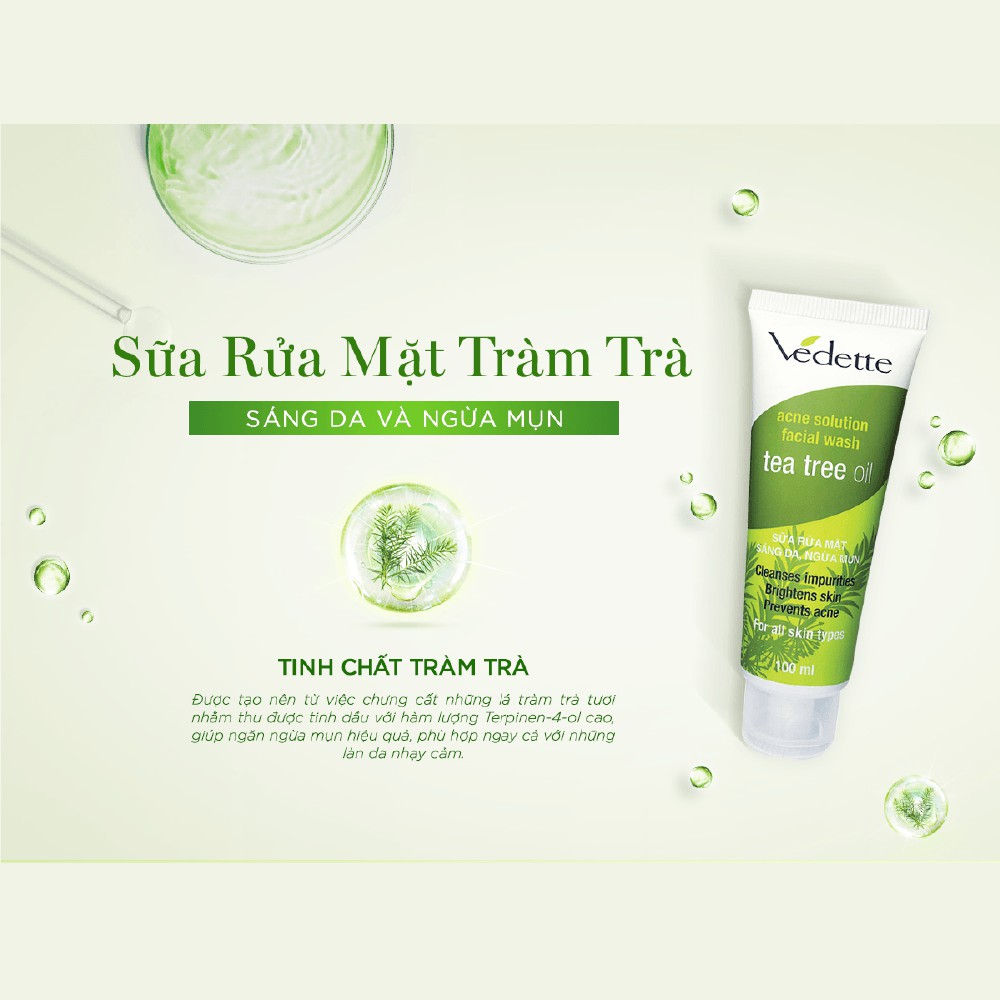 Sữa rửa mặt sáng da, ngừa mụn Vedette tinh dầu tràm trà (Tea Tree Oil) 100ml SRMM-TT-TT0100