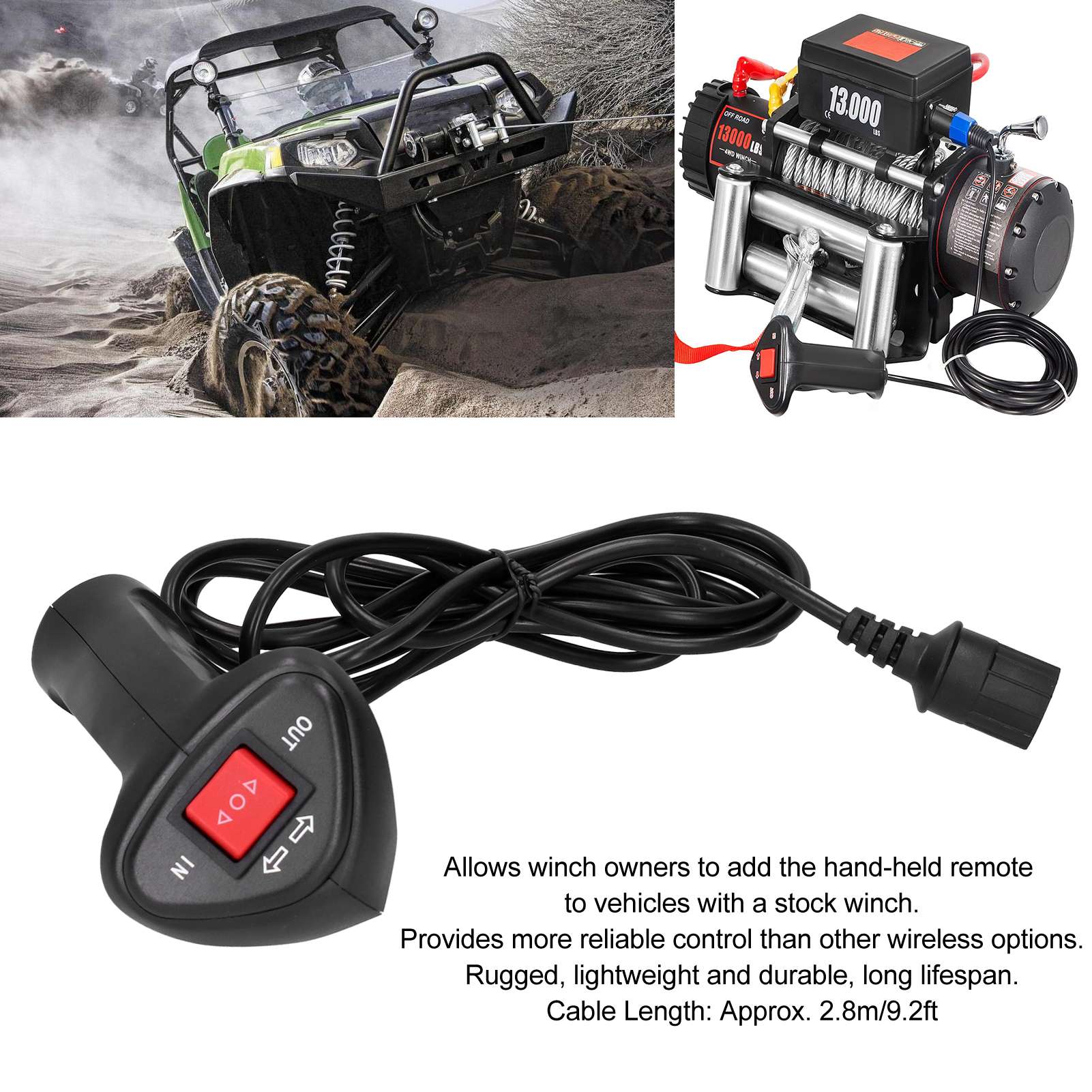 12V HandHeld Winch Remote Controller with 9ft Cable Electric Manual Waterproof for ATV UTV