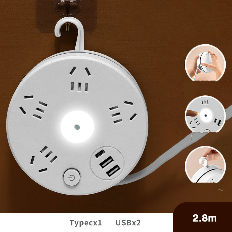 JIASHI Stowable row plug with cord multi-functional socket household electrical socket with switch with USB charging converter round