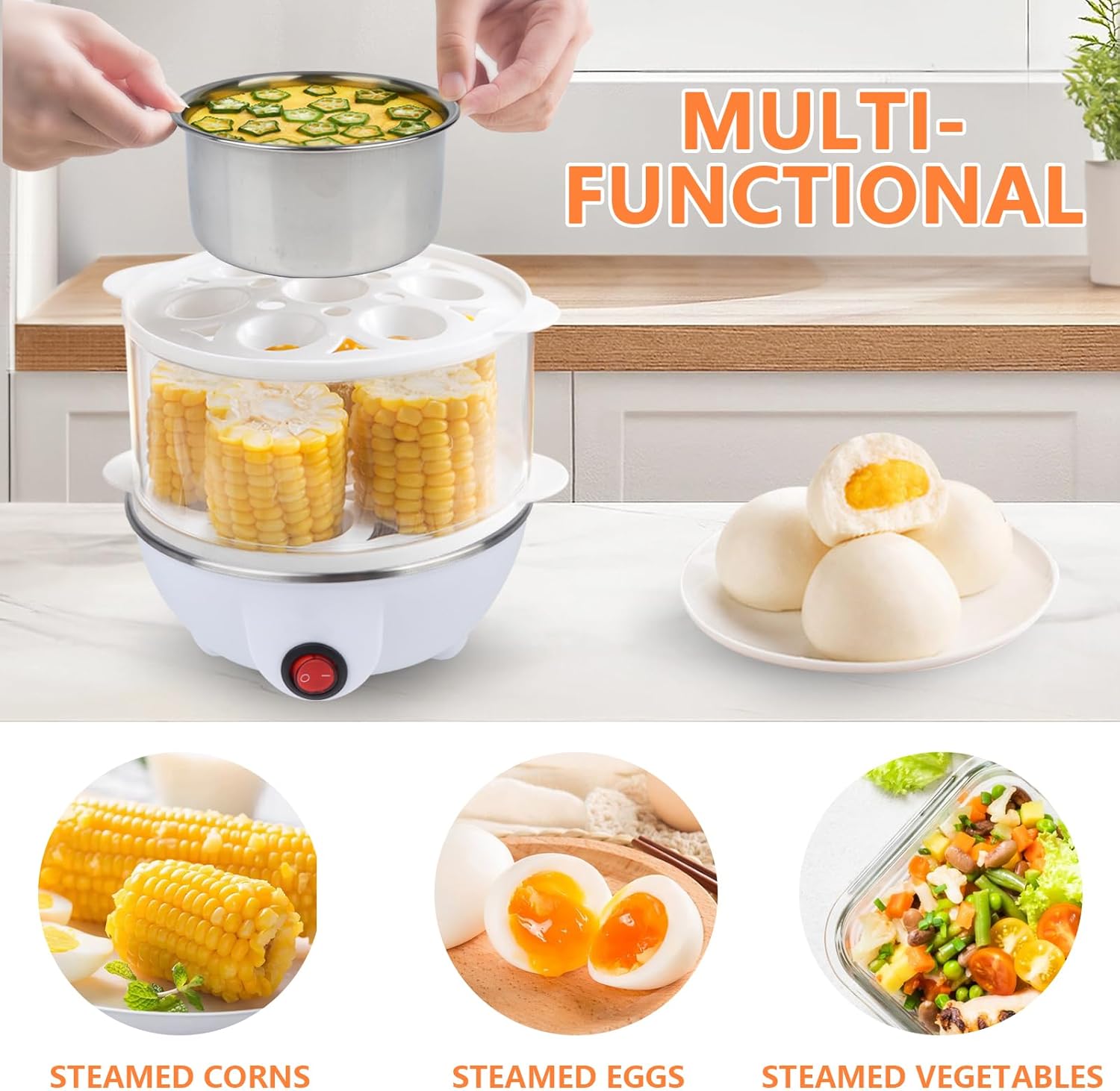【Big-promotion】 Electric Egg Cooker Boiler Maker Soft Medium or Hard Boil 14 Egg Capacity Two Layer Egg Maker,Egg SteamerWith Automatic Shut Off.