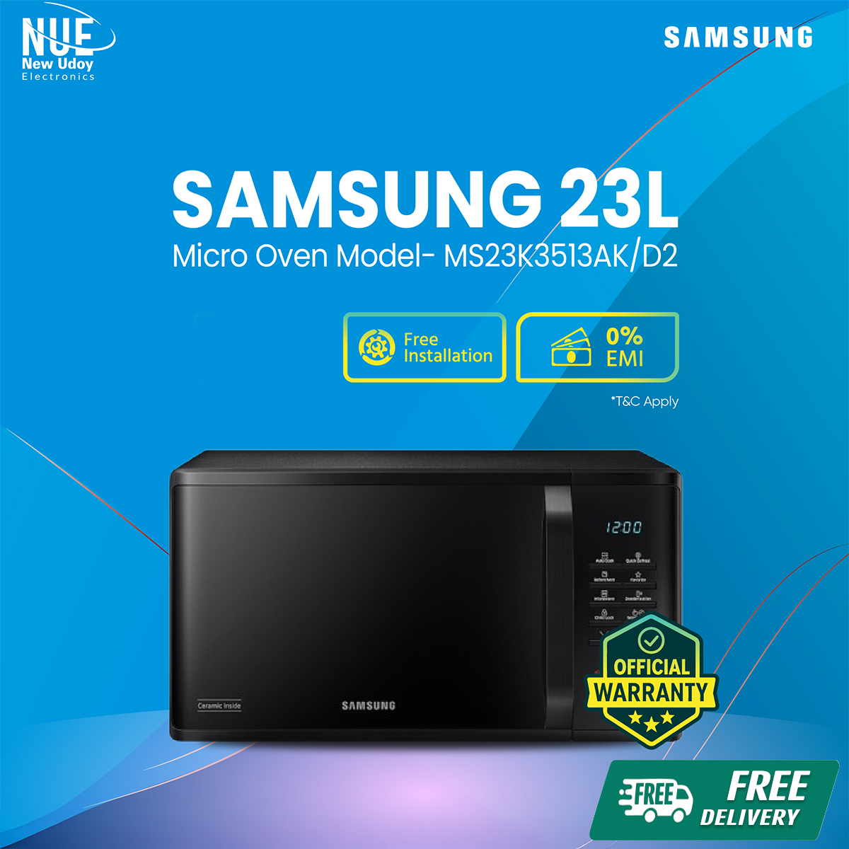 Samsung Official Micro Oven 23L Model- MS23K3513AK/D2 Free Delivery 🚚 0% EMI Available