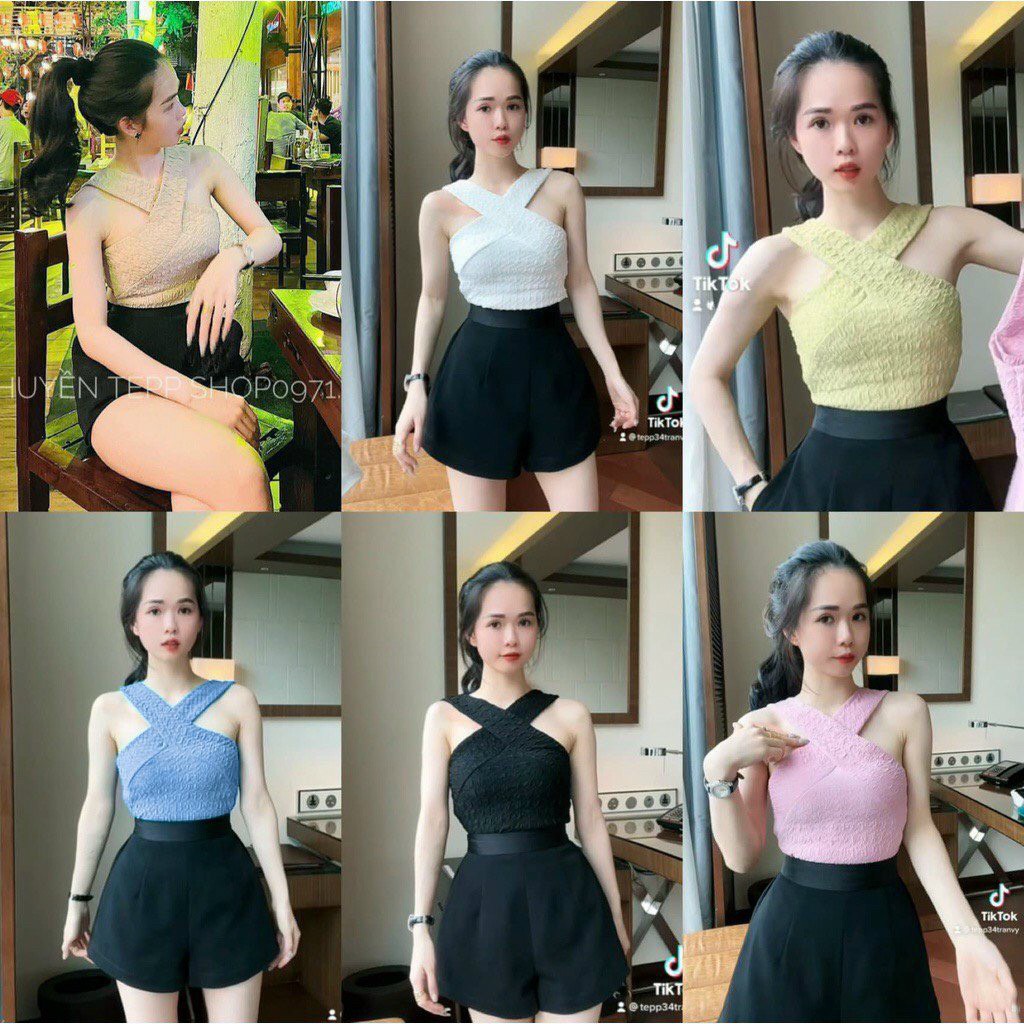 Áo kiểu nữ cổ yếm xoắn vải xốp
