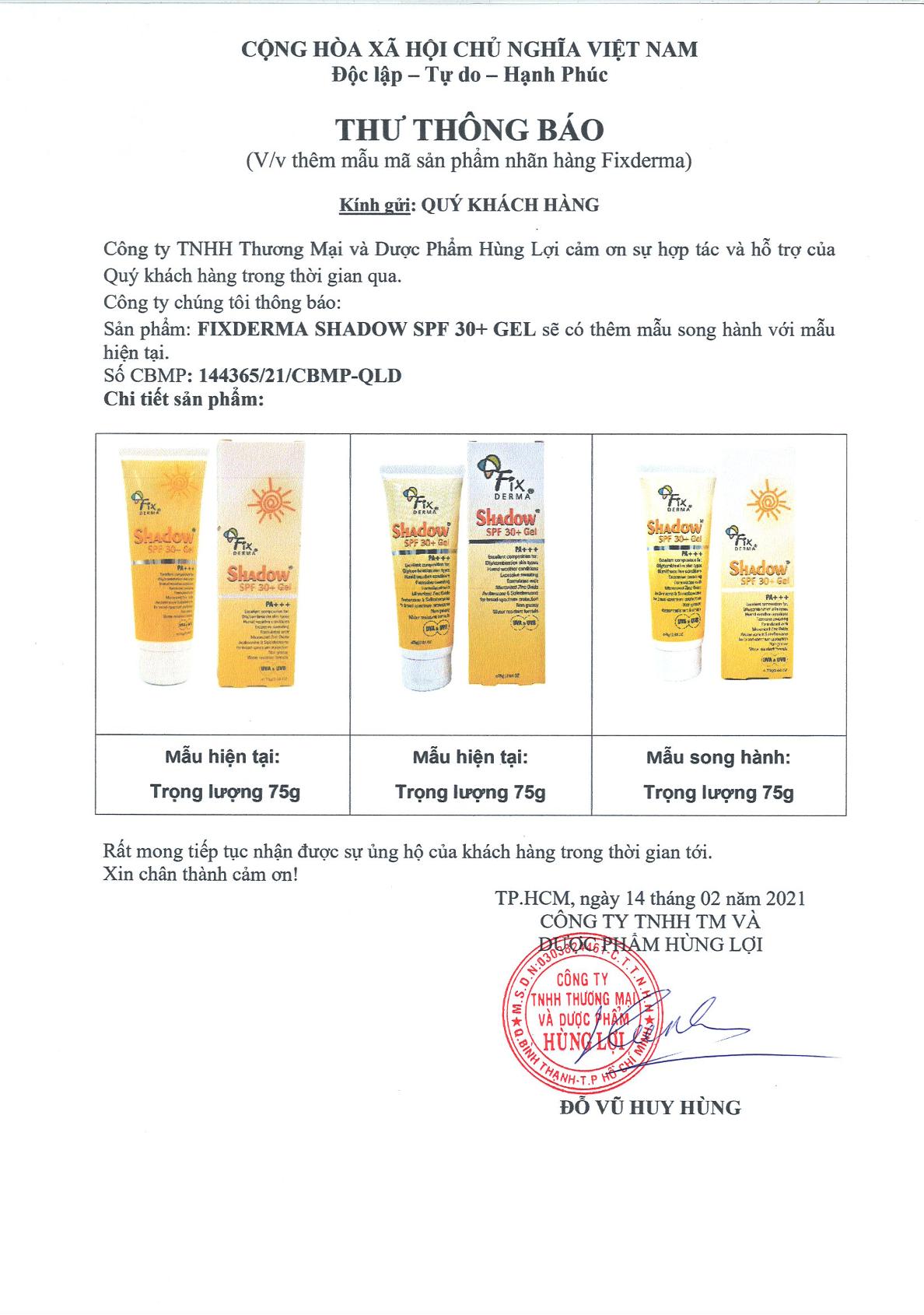 [HCM]Fixderma  Gel Chống Nắng Da Mặt Shadow SPF 30+ (75g)