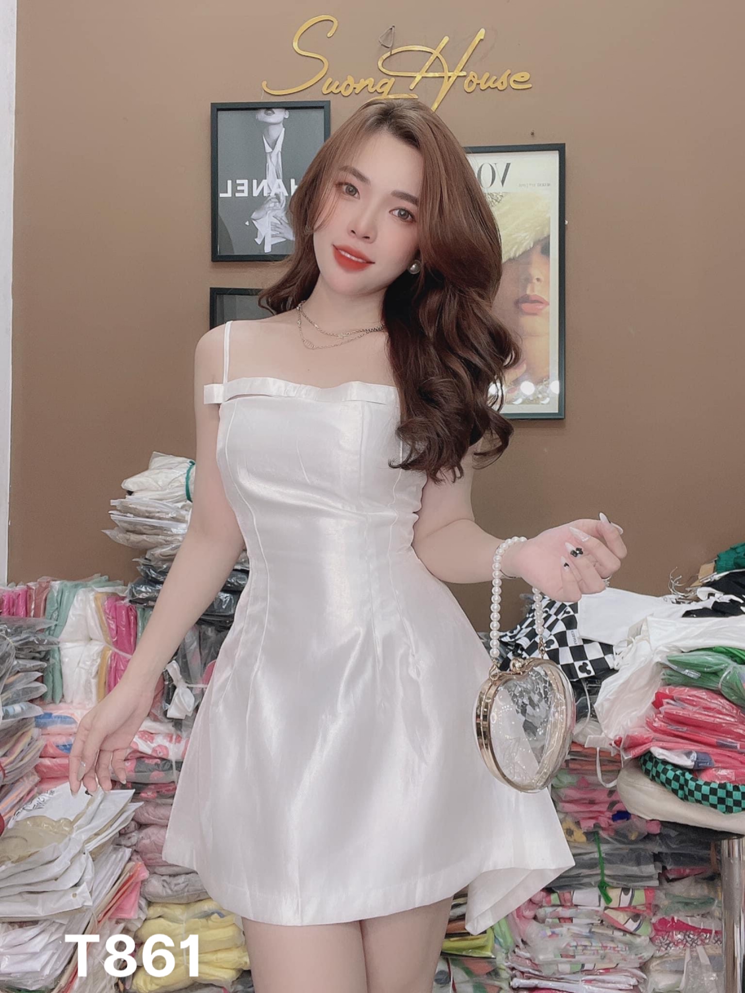 Đầm xoè nữ 2 dây dự tiệc gấm tapta T861