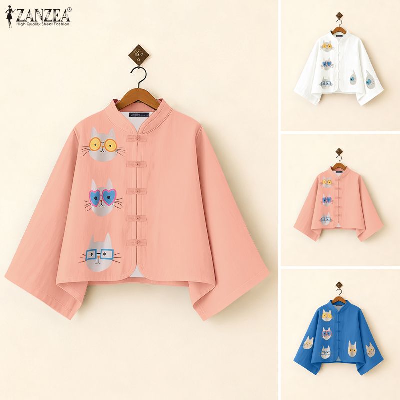 Grazie diさん　専用 ZANZEA Women Minimalist Stand Collar Cartoon Cat Print Top Full