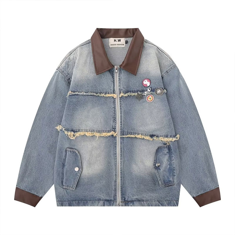 MAYCHEER American vintage denim jacket PU neck couple jacket
