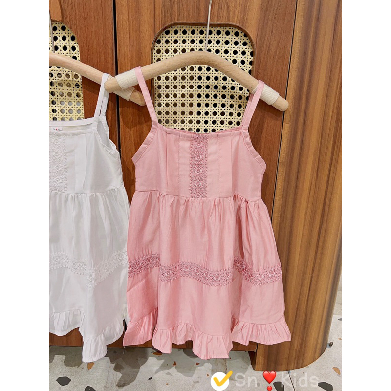 Váy đầm 2 dây ren trắng hồng cho bé gái