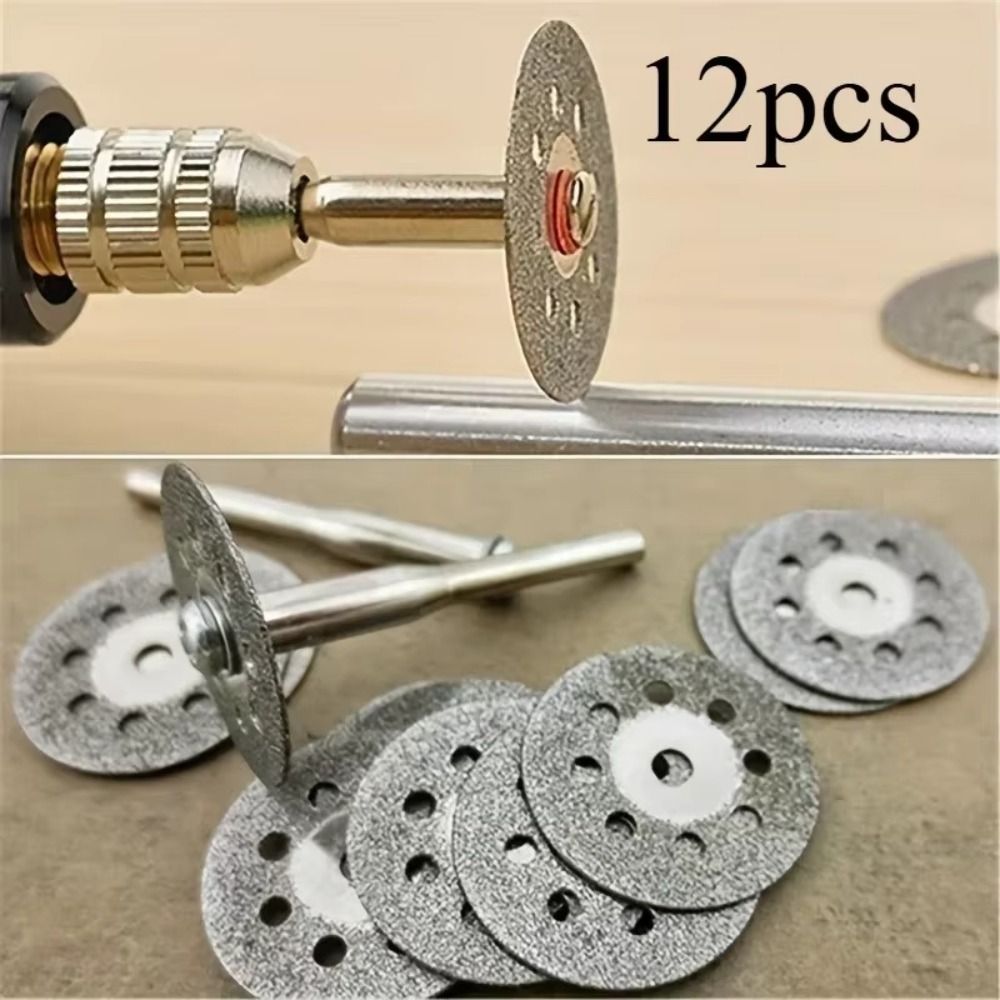 12Pcs Durable 22mm Diameter Diamond Cutting Disc 3mm Aperture Mini Cutting Blade Set with Mandrel Grinding Wheel Metal Cutting. 