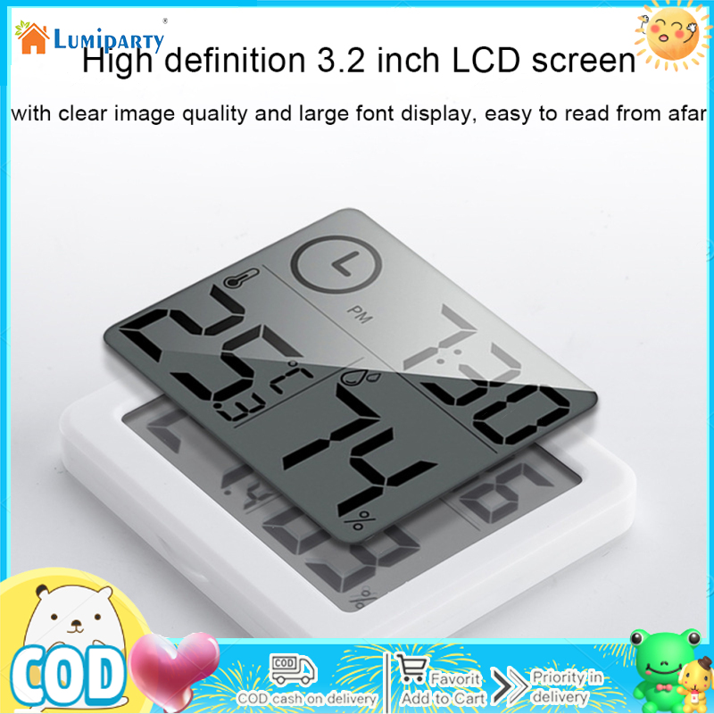 LumiParty Digital Wall Clock With 3.2inch LCD Display Temperature Time Humidity Meter For Indoor Bedroom Baby Room