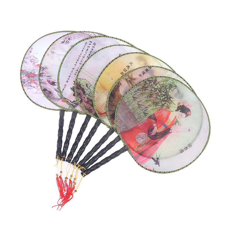 Round Hand Fan Chinese Style Vintage Printing Silk Fan Wedding Dance Accessory. 