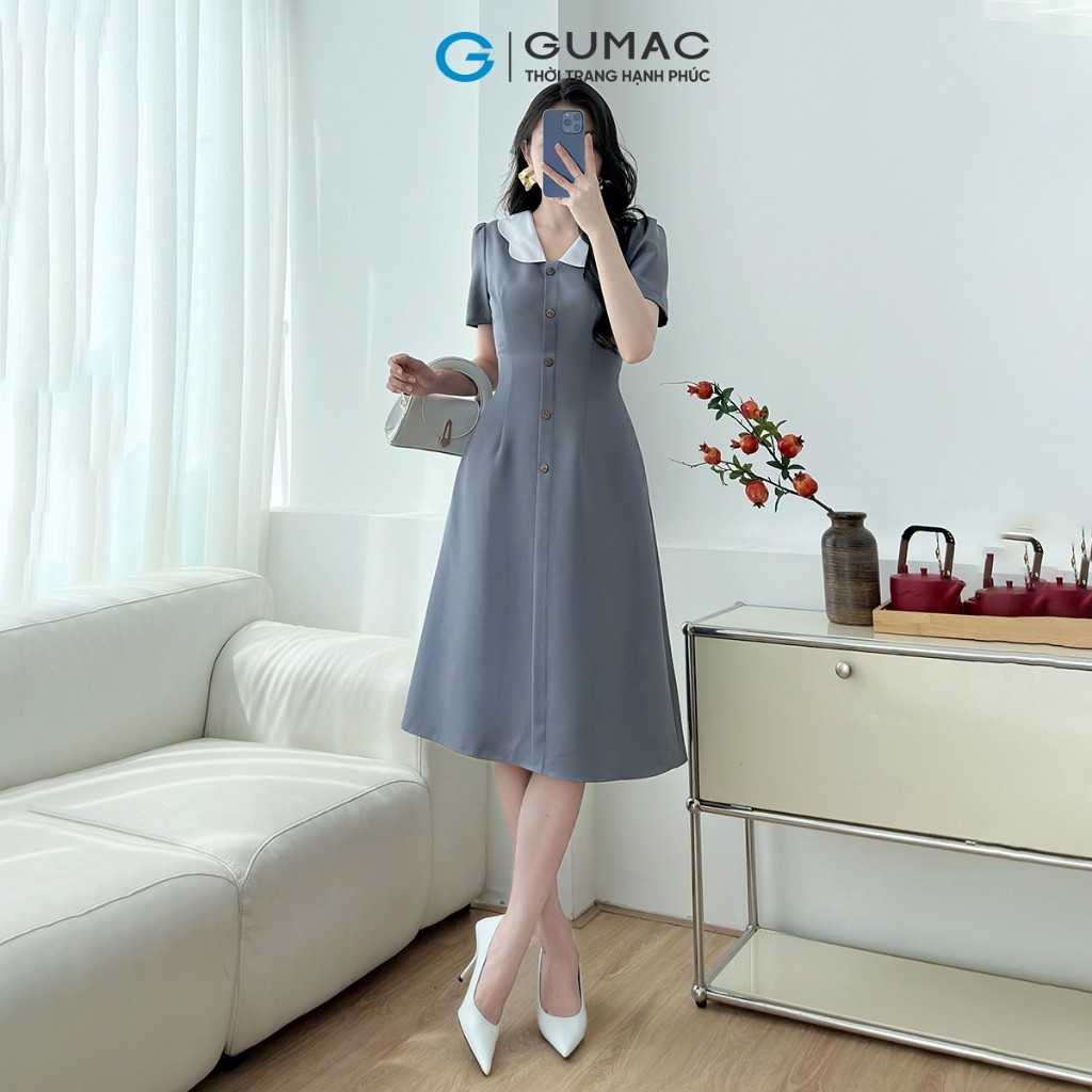 [MUA 2 GIẢM THÊM 50K] Đầm Dáng A Nữ GUMAC Váy Công Sở Phối Bâu Trắng Dáng Dài Qua Gối LDD1214