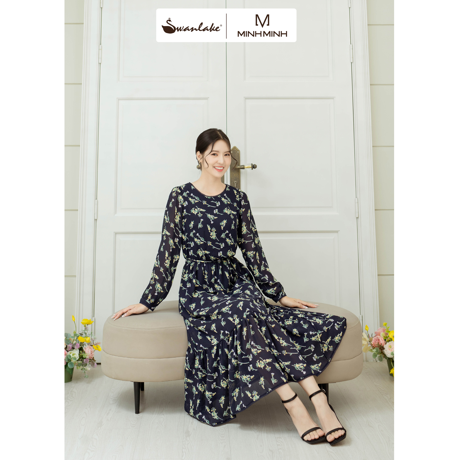 Swanlake | đầm maxi dáng dài nhún eo phối ren vải voal bông cao cấp - d11057lw01