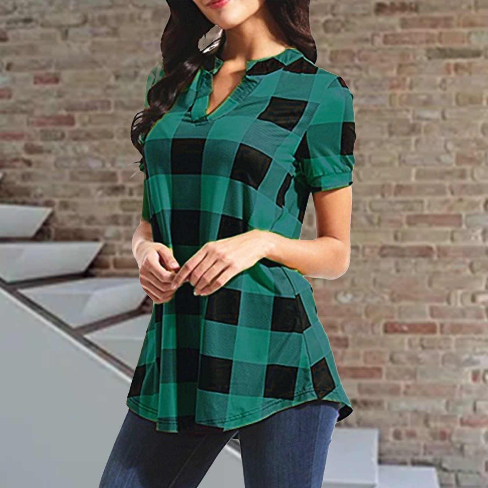 Women V Neck Plaid Print Shirt Lady Loose Summer Button Top Suitable for  Going Shopping Wear High quality genuine