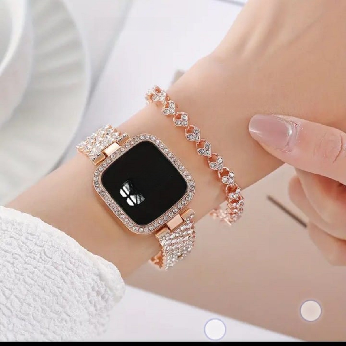 LED Display Digital Touch Screen Diamond Watch And Bracelet Fashion For Girls Women. 