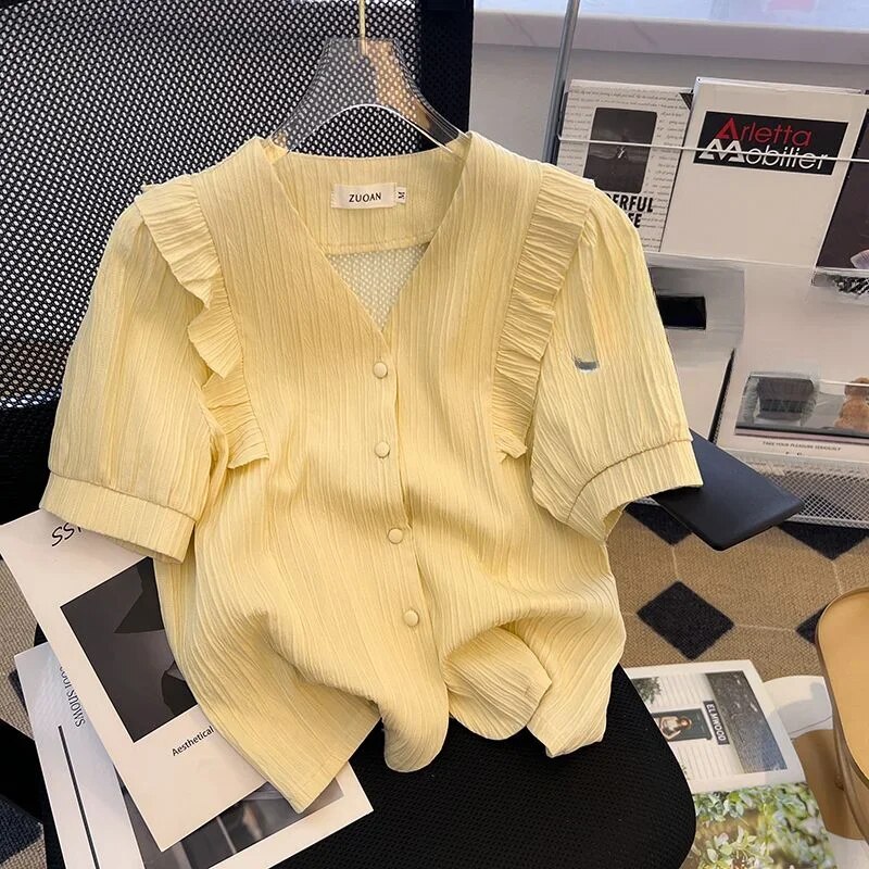 Shirt for Women Plus Size Summer New Ruffle Edge V-neck Lady Chiffon Blouse Korean Style Solid Color Female Top