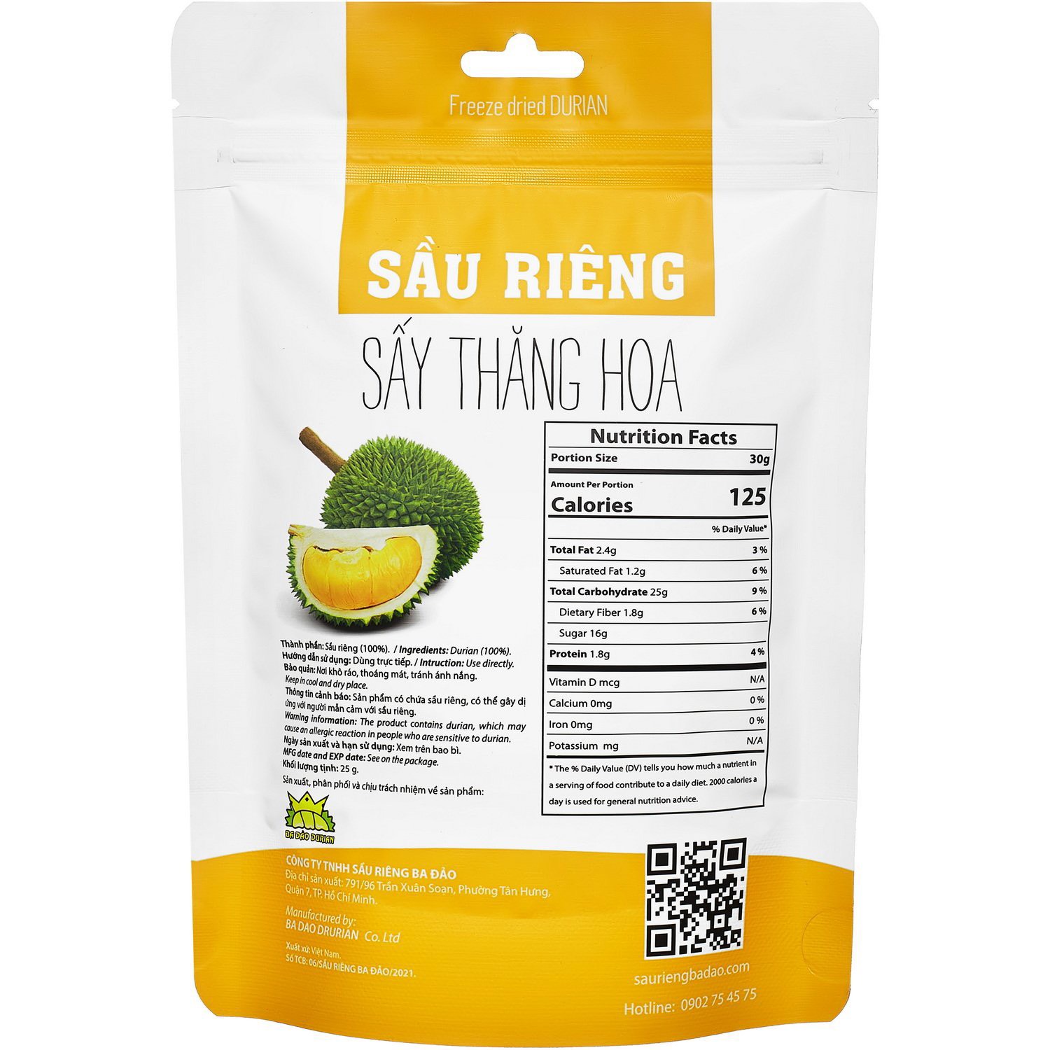 Sầu riêng sấy thăng hoa (Túi) - BA ĐẢO DURIAN
