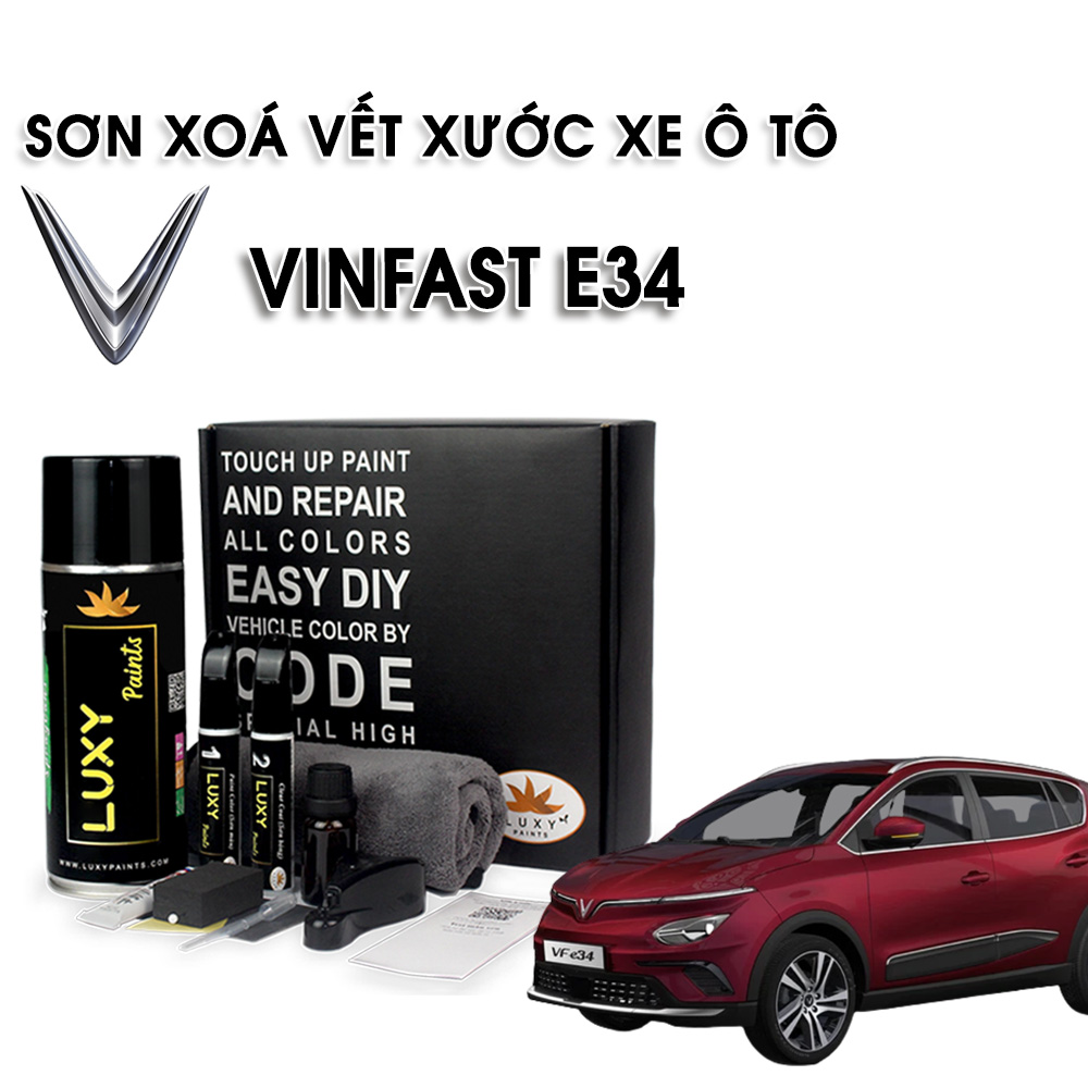 Sơn xóa vết xước xe ô tô cao cấp Vinfast E34 LUXYPAINTS, Bộ bình xịt sơn xe ôtô màu trắng đen bóng bạc đỏ vàng xanh xám kem bút dặm xoá vết xước oto dễ sử dụng hiệu quả độ bền cao tặng bass wax keo tẩy vết xước LP01VFE34