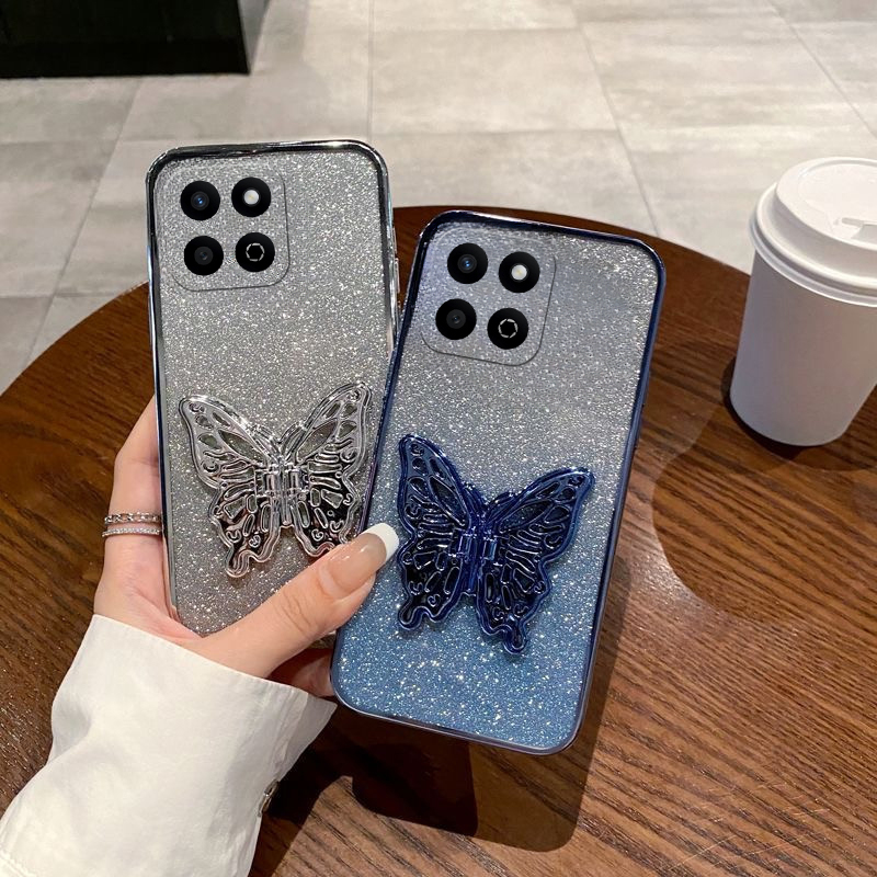 For Honor 200 Smart Case with Cute Butterfly Stand Luxury Slim Gradient Clear Plating Glitter Girls for Honor 200 Smart Back Cover