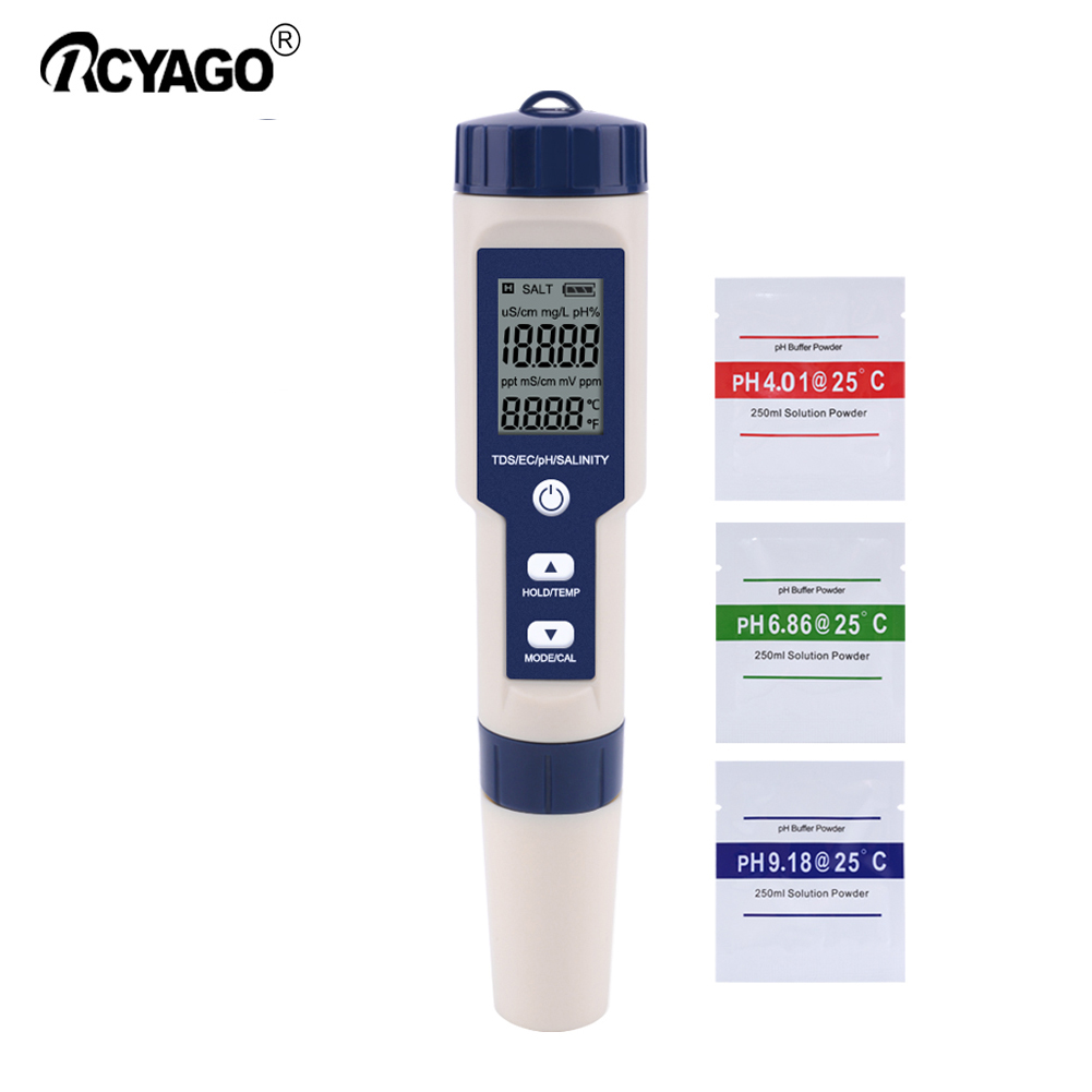 Rcyago professional 5 in 1 salinity meter ip67 with atc 0.01%~25% seawater meter ph tds ec meter salt meter for sea water, aquarium, fish pond, shrimp pool