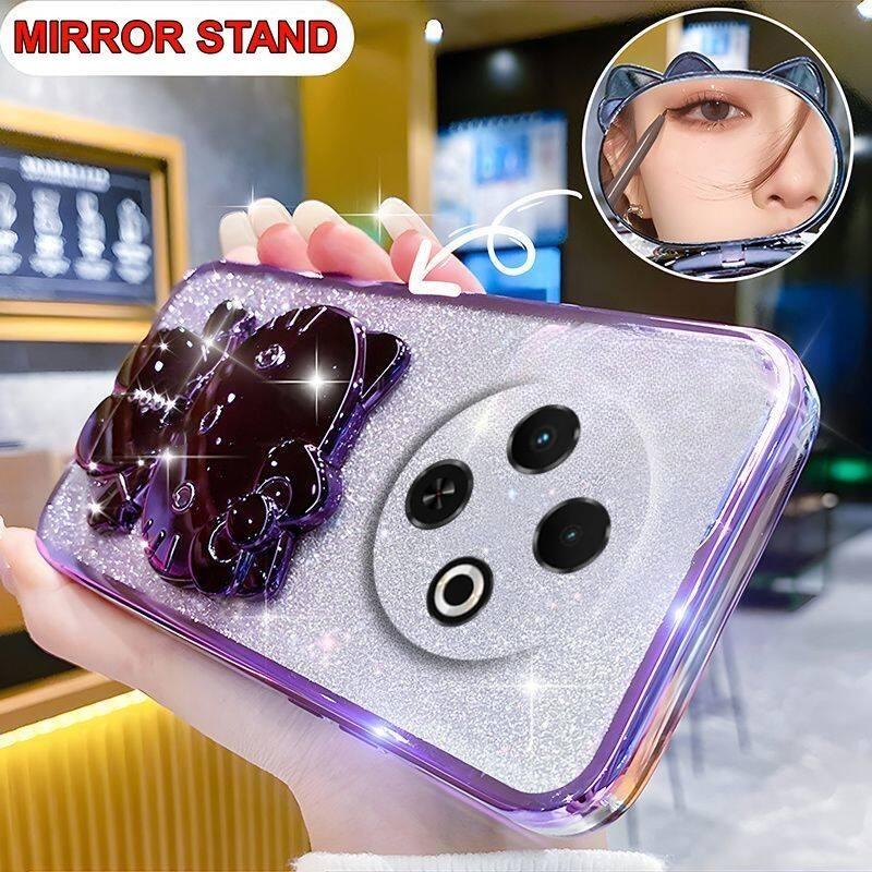 For Tecno Spark 30C Case Camera Protection Semi Transparent Soft Silicone Rabbit bracket Shockproof Exquisite Glitter Powder for Tecno Spark 30C Back Cover. 