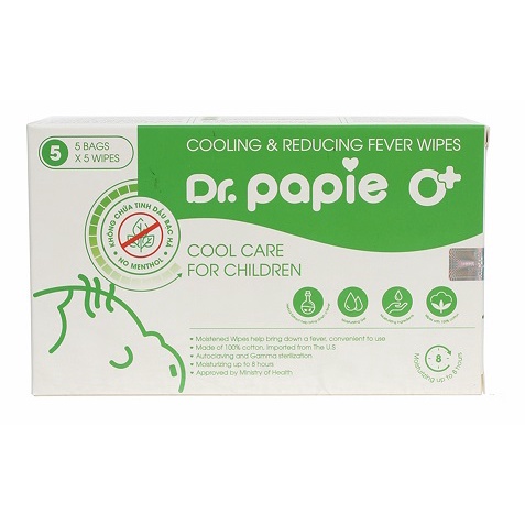 Khăn lau hạ sốt dr. papie cho bé từ sơ sinh- hộp 5 túi