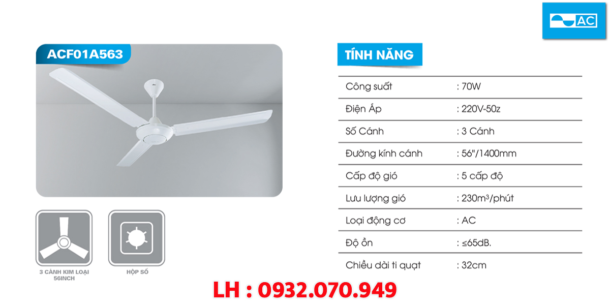 [HCM]Quạt trần AC 3 cánh ACF01A563