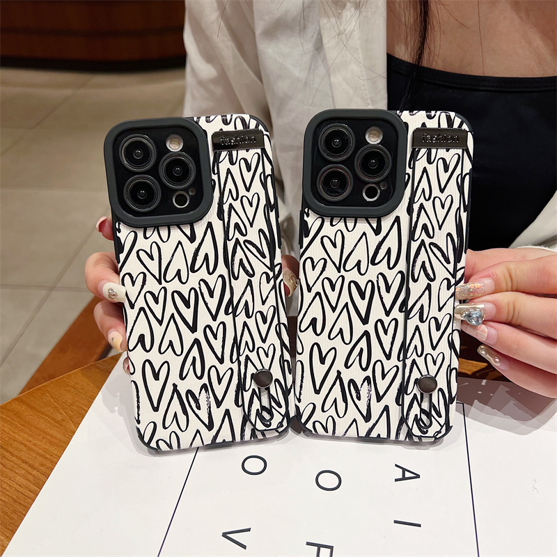 Black line heart phone case for iphone 7 8 plus se 3 shockproof phone case for iphone 11 12 13 14 pro max casing leather wristband back cover