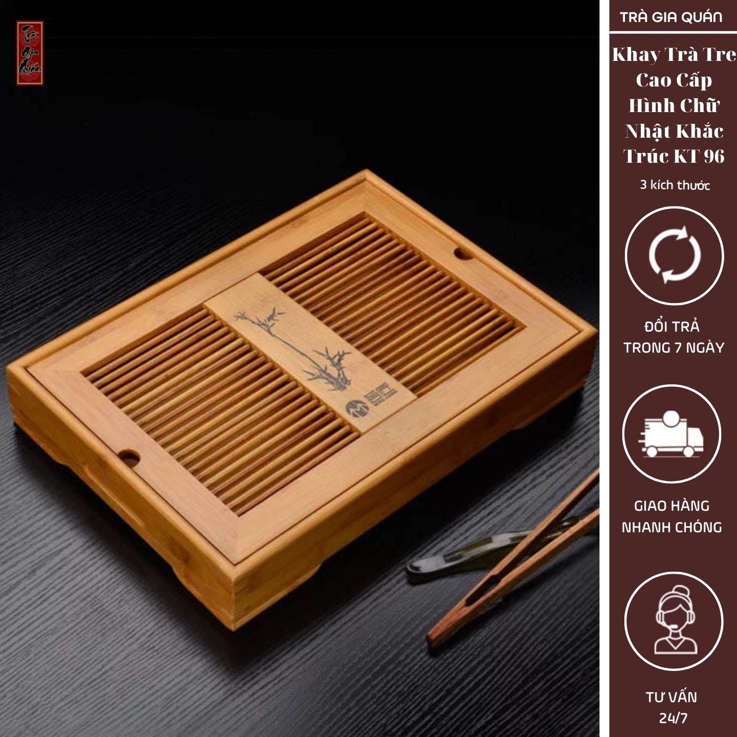 Khay trà tre cao cấp hình chữ nhật khắc trúc kt96