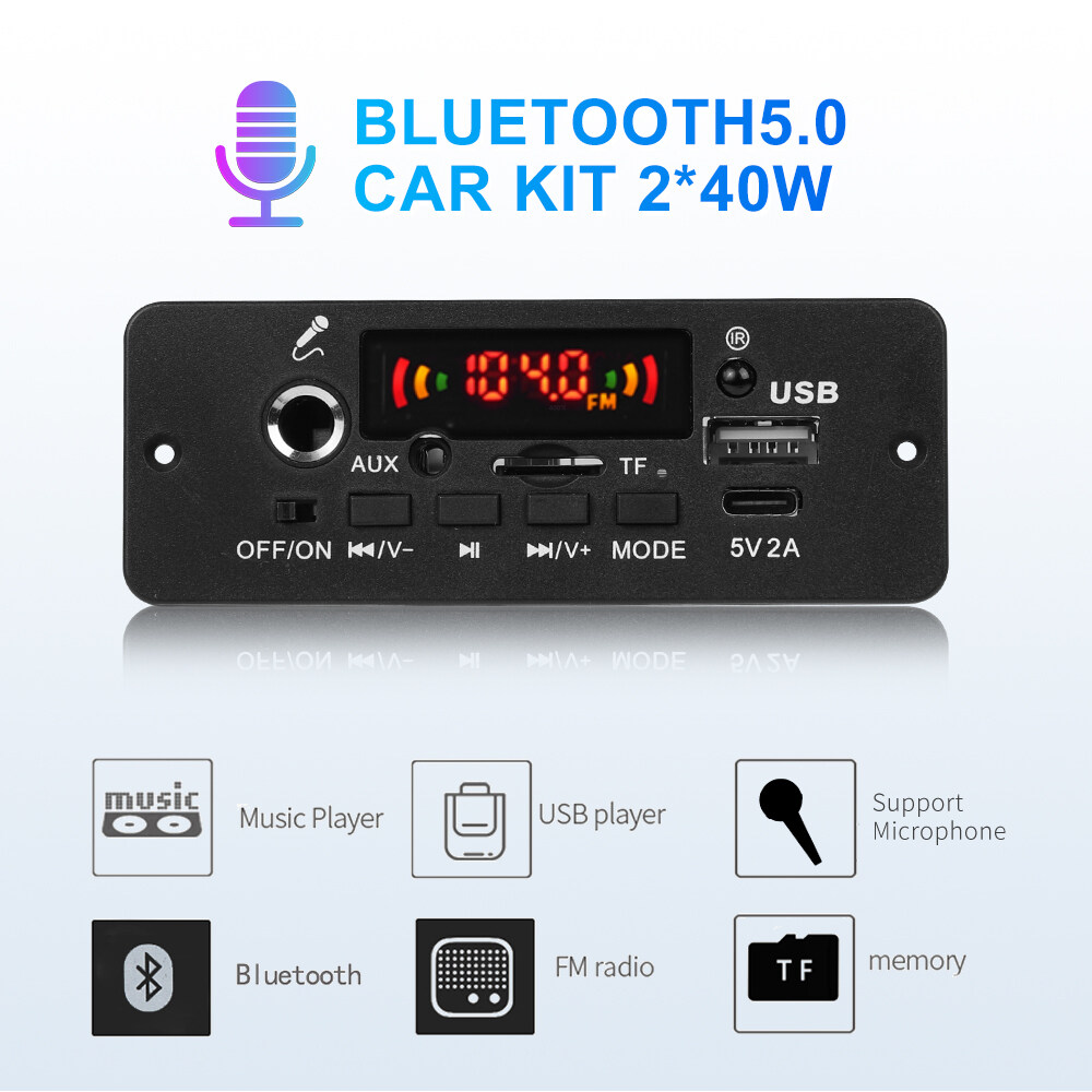 KEBIDU Máy nghe nhạc MP3 Bluetooth 5.0 giải mã 2x40W khuếch đại DC 12V Ghi âm cuộc gọi MP3 mic chức năng
