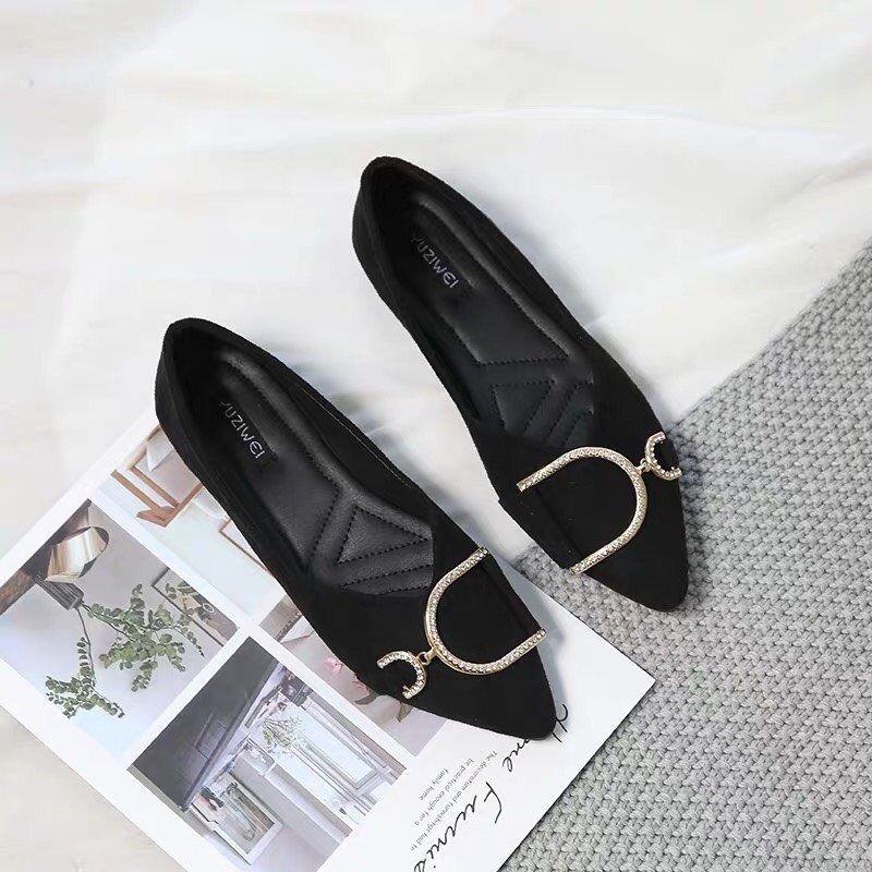 Ảnh thật- giày búp bê nữ mũi nhọn đính khóa hình chữ D cực đẹp, giày bệt nữ da lộn mềm và êm chân