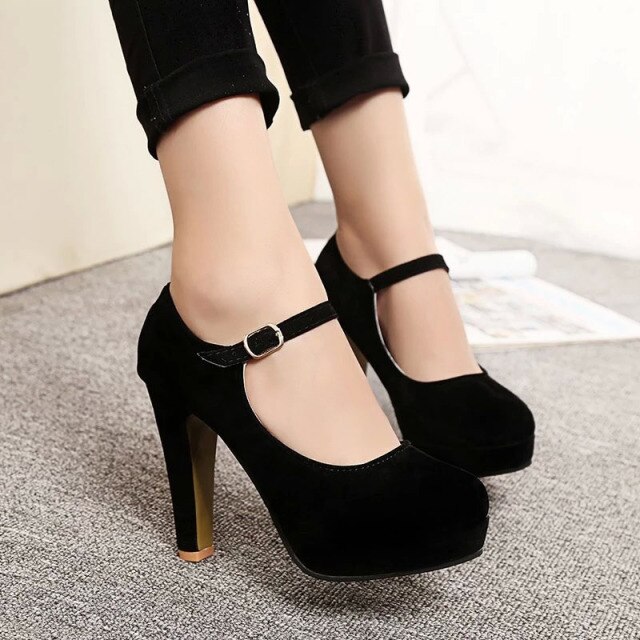2020 Mary Janes Women OL High Heels Black Buckle Strap Flock Women Pumps Female Platform Thick Heels Wedding Shoes Heels