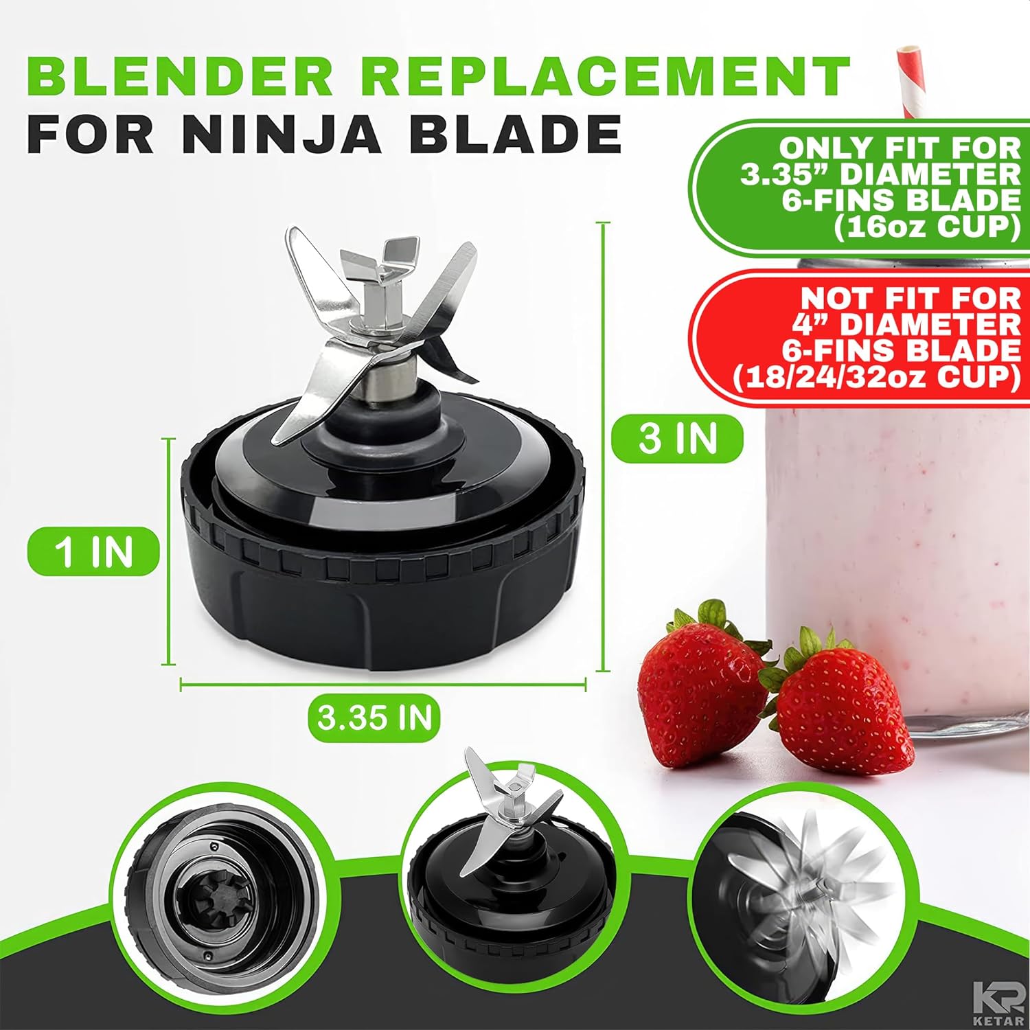 Replacement Parts for Nutri Ninja, Blender 6 Fins Blade Assembly and 2 Pack  16 oz Cup Set for BL770 BL780 BL660 Blender (3.35 inch)