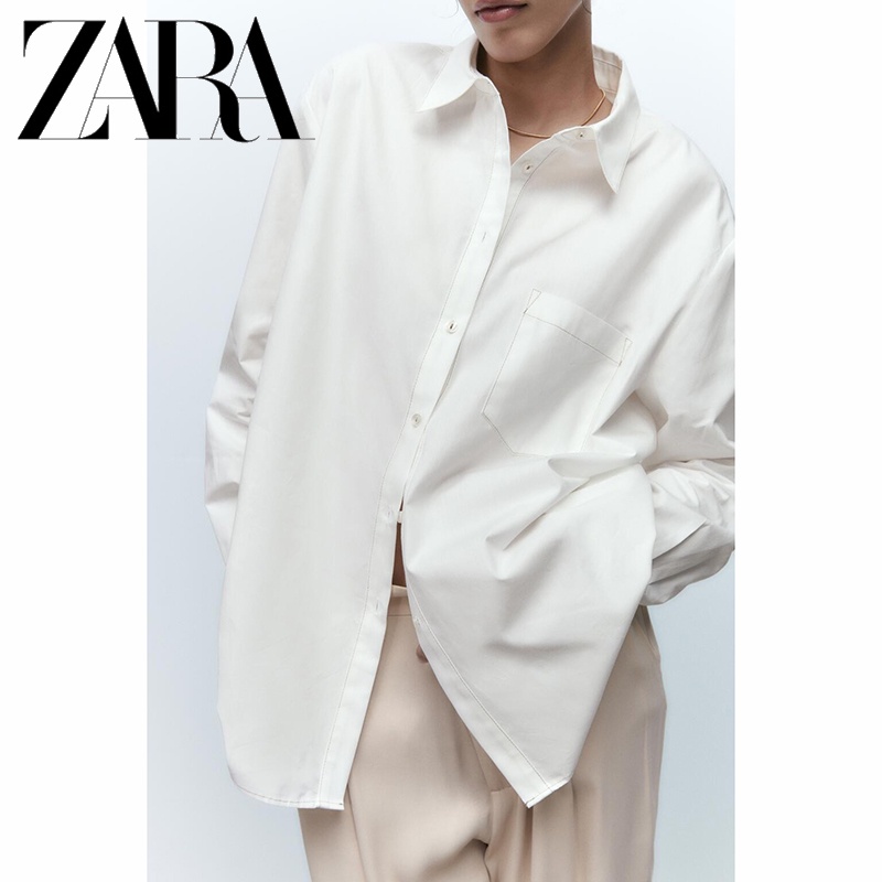 Zara Áo Sơ Mi Vải Lụa Phối Màu Tương Phản Cá Tính Cho Nữ