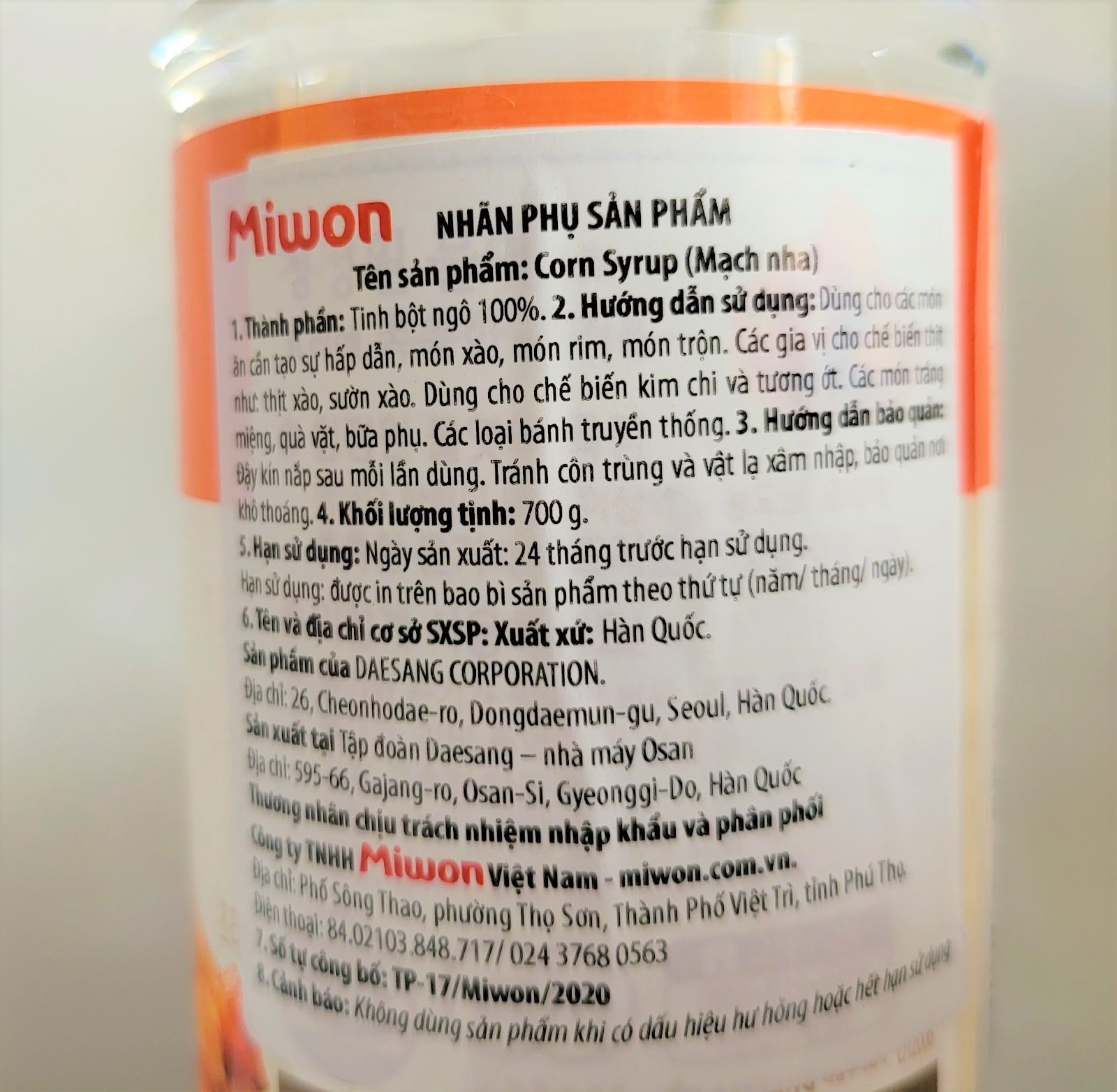 [Chai 700g] SI RÔ BẮP (mạch nha, nước đường nấu ăn, làm bánh) [Korea] MIWON Corn Syrup