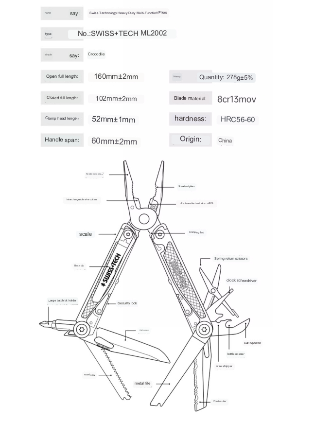 Swiss+Tech 18in1 Crocodile Pliers Multi-tool Survival Kit