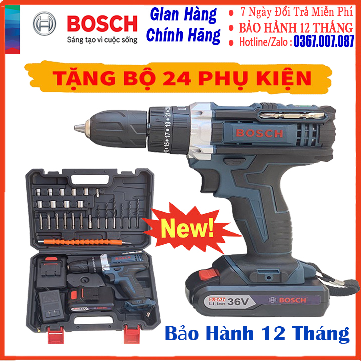 Máy khoan pin 36v có tặng kèm phụ kiện 24 món,khoan pin có tặng mũi khoan cầm tay bosh 36v - lõi đồng có búa - khoan tường - bắt vít tiện lợi - pin chuẩn 5 cell