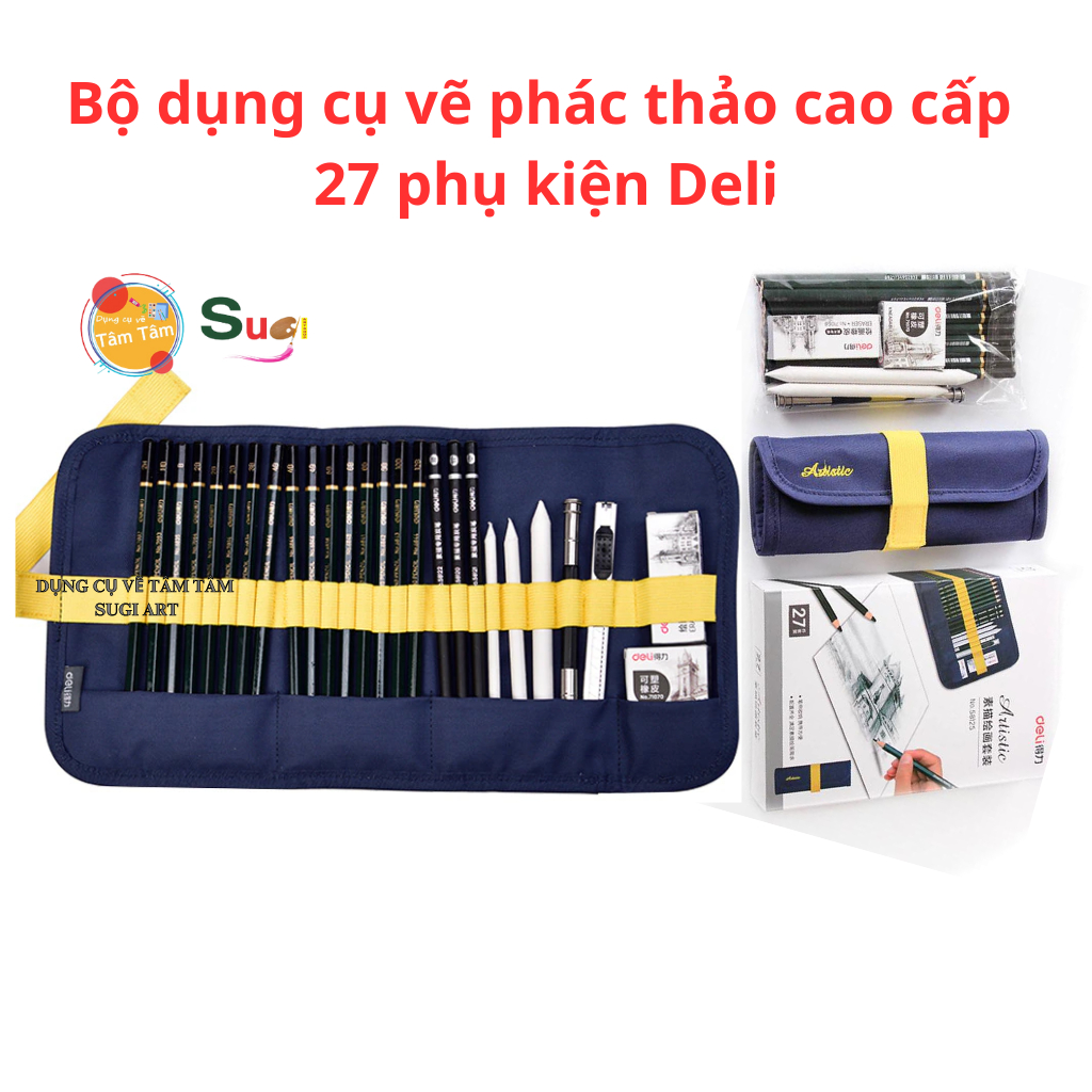 Bộ dụng cụ vẽ phác thảo cao cấp 27 phụ kiện Deli , Combo vẽ chân dung phác thảo đánh - mã 58125