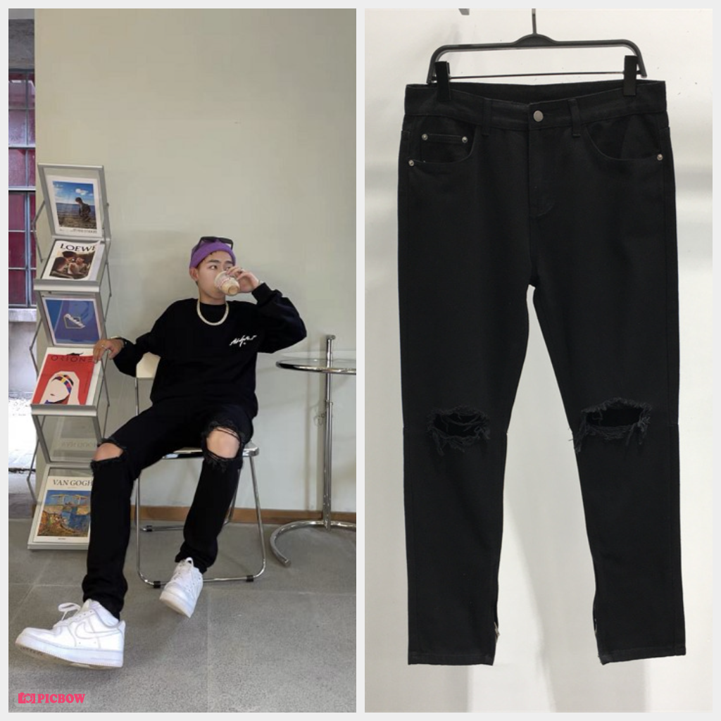 Quần jeans nam đen rách basic cao cấp co giãn giá rẻ đen03