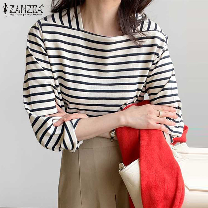 ZANZEA%20Korean%20Style%20Womens%20New%20Fashion%20Striped%20Printed%20Top%20Shirt%20Square%20Neck%20Long%20Sleeve%20Blouse%20-%20Image%202