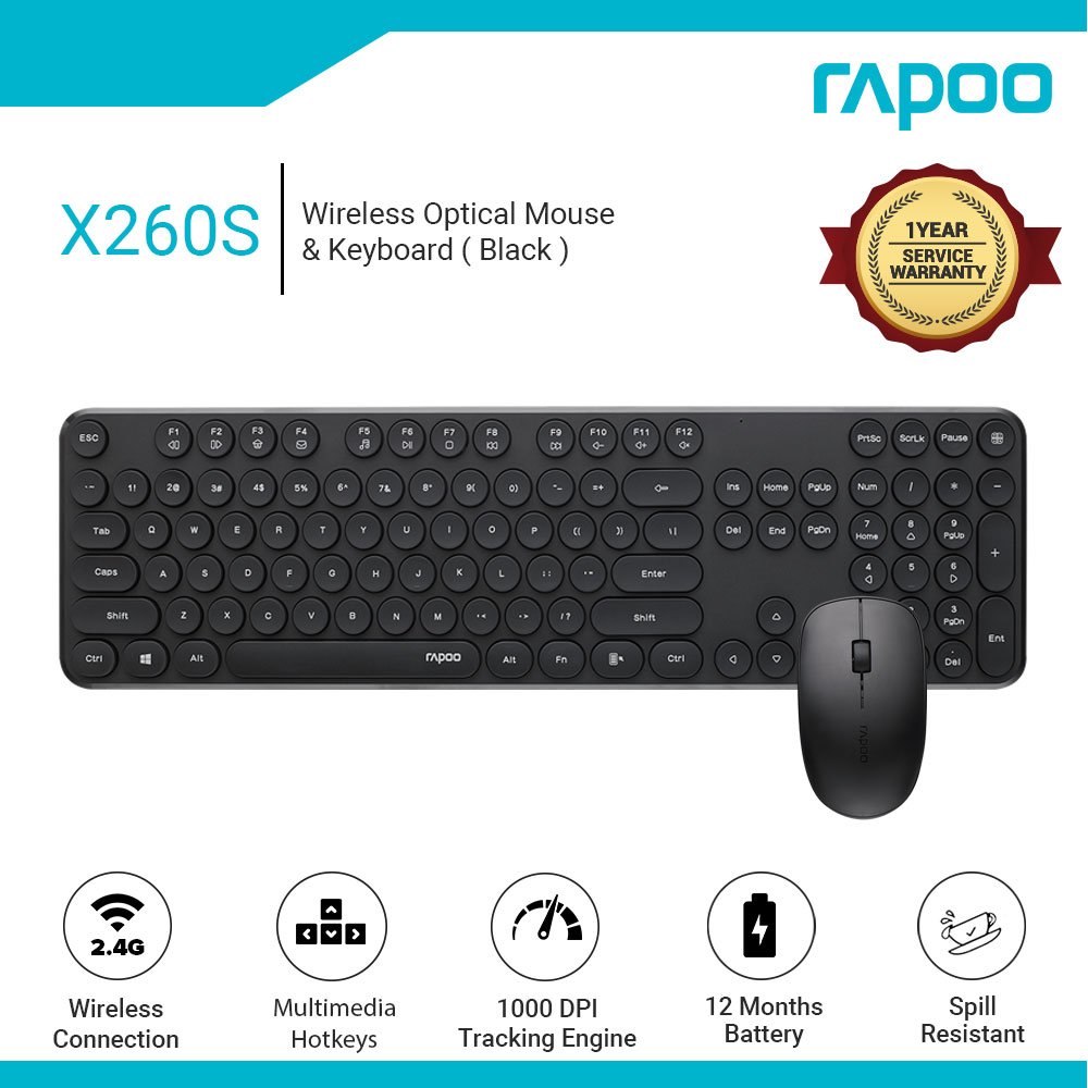 RAPOO X260/X260S Wireless Optical Mouse & Keyboard Black - 2.4G Connection  10M Range Spill-Resistant Retro Style Round Key Cap 1000DPI - Lazada |  Lazada PH