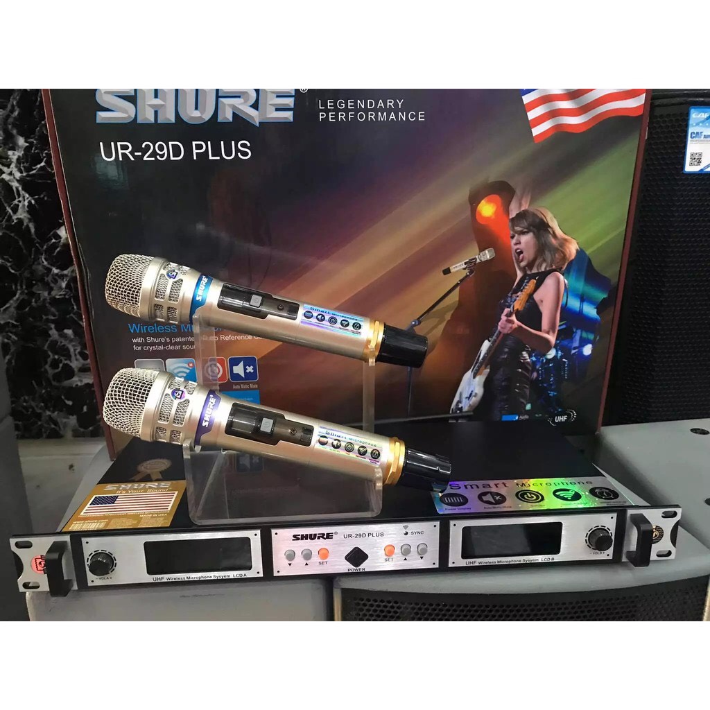 Micro karaoke không dây shure ur 29d plus, vỉ đỏ, củ tím ic vàng- cảm biến tự ngắt, dò sóng chỉnh tần số